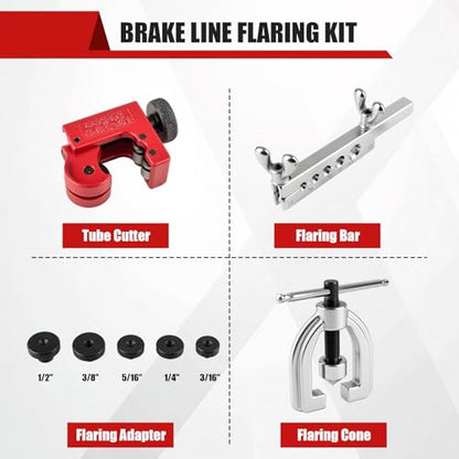 Brake Line Flaring Tool Kit with 5 Adapters, Flare Tool Kit with 45 Degrees, Double & Single Flaring Tool Kit for Brake Line, Brass Tubing, Copper and Aluminum