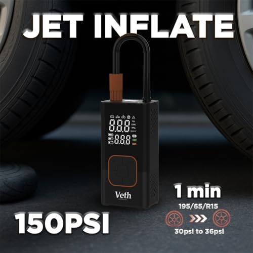 VT06 Portable Tire Inflator, 150 PSI Cordless Air Pump | Dual 2000mAh Battery, Rechargeable, Auto Shut-off, Digital Display, USB-C Out, Car Motorcycle Bike Balls