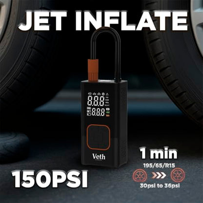 VT06 Portable Tire Inflator, 150 PSI Cordless Air Pump | Dual 2000mAh Battery, Rechargeable, Auto Shut-off, Digital Display, USB-C Out, Car Motorcycle Bike Balls