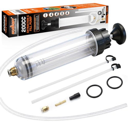 HORUSDY 200cc Fluid Extractor Syringe Oil Pump, Fluid Evacuator with 23" Flexible Hose, 12" Fine & Coarse Hoses, for Automotive, Motorcycle, Marine & Equipment Maintenance (9PCS) - size: 200ML with Hose