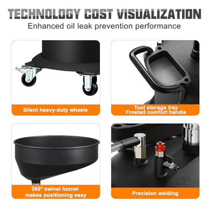 18.5 Gallon Industrial Fluid Drain Tank Adjustable Funnel Height | Oil Drain Extractor, Portable Pneumatic, Waste Oil Drain with Wheels