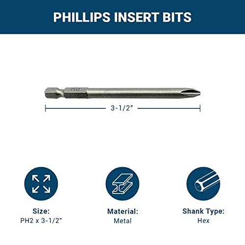 Benchmark Abrasives 1/4 Inch Hex Anti Slip Phillips Insert Screw Head Screwdriver Bits, Rotary Drill Bits for Repairing Electronics, Automotive Parts, Furniture (50 Pack) - (PH2 x 3-1/2") - size: PH2 x 3-1/2"