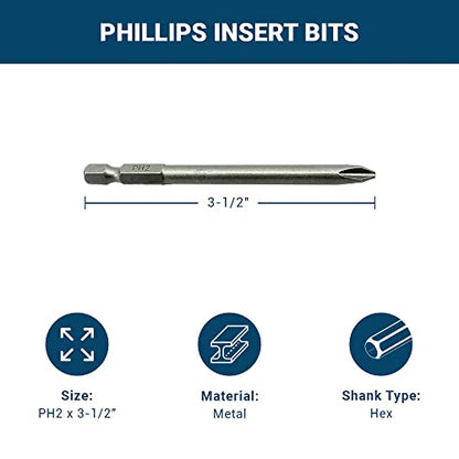 Benchmark Abrasives 1/4 Inch Hex Anti Slip Phillips Insert Screw Head Screwdriver Bits, Rotary Drill Bits for Repairing Electronics, Automotive Parts, Furniture (50 Pack) - (PH2 x 3-1/2") - size: PH2 x 3-1/2"