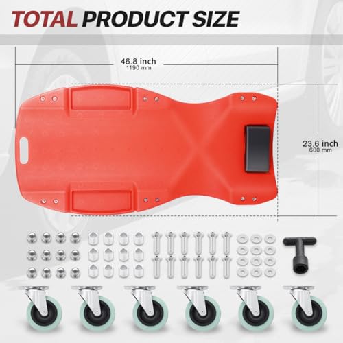 Mechanic Creeper 47 Inch, Low Profile Under Car Rolling Creeper with Padded Headrest and Tool Trays, 300 LBS Capacity, Ergonomic Body Design, Red