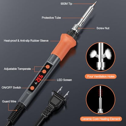Soldering Iron Kit, 70W Soldering Gun with LED Digital Display, Adjustable Temperature 356-932℉ Solder Kit for Electronics, Includes 5pcs Tips, Stand, Solder Wire, Sponge, Paste, Grey - color: Grey