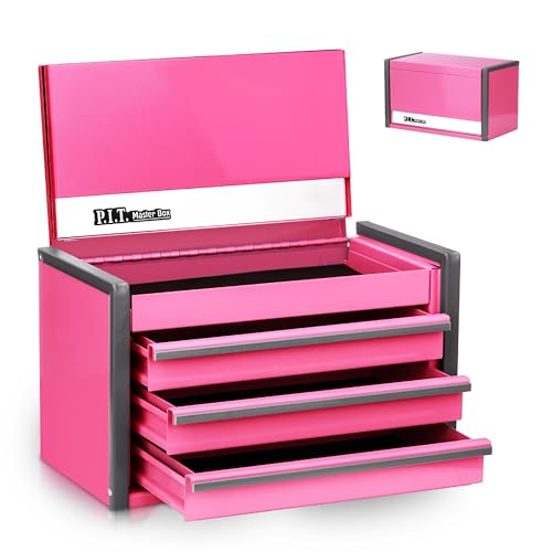 P.I.T. Mini Tool Box 8.6"W X 4.6"D, Portable 3 Drawer Steel Stackable Pink Tool Box with Magnetic Tab Locking, Pink Micro Top Chest with Liner for Tools Storage and Organizers, Home DIY - color: Pink, size: 3-Drawer