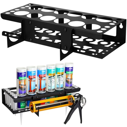 Hicarer 1 Pack Caulking Tube and Gun Holder 12 Slot 15.86 x 9.87x 3.34 Inch Caulking Gun Storage Rack with Horizontally Base Sealant Organizer for Garage Workshop Work Van Wall Mounted Tube Nozzle - size: 12 Slots