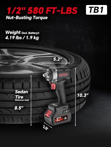 ROTAKE 20V Compact 1/2" Cordless Impact Wrench Kit, 580 FT-LBS, TB1 | 5.0Ah Battery, Brushless Motor, 3-in-1 Unibody Hammer Housing, Soft Start, Forward LED, 4A Rapid Charger, Hard Carrying Case - size: 1/2" (580 ft-lbs) TB1