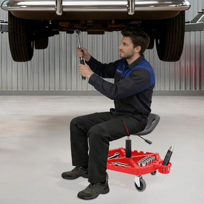 Rolling Garage Stool,330LBS Capacity Rolling Work Stool w/Tool Tray & 4 Swivel Wheels,19.69”-25“ Adjustable Height Ergonomic Mechanic Seat for Workshop Auto Car Repair Shop