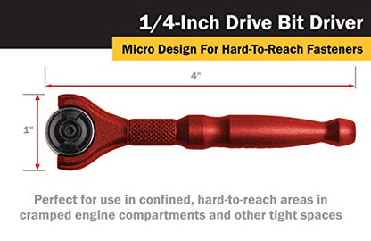 Titan Tools 11321 1/4-Inch Drive x 4-Inch 90-Tooth Swivel Head Micro Ratcheting Bit Driver - Red - style: Swivel Head - Red