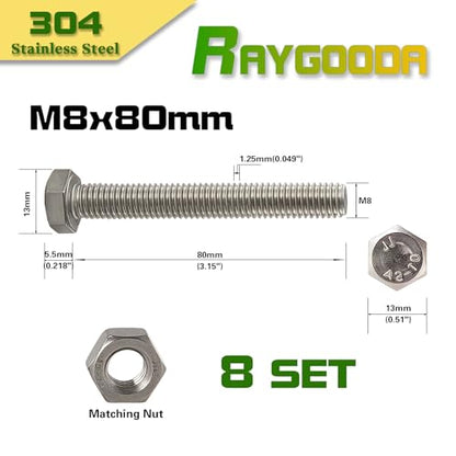 M8-1.25x80mm Hex Bolt and Nut Kit 8set, 304 Stainless Steel (A2-70), Full Thread, Bright Finish, Machine Threaded for Automotive, Machinery, DIY - size: M8x80mm(8 Sets）