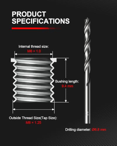 Kolvoii M6 X 1.0 Metric Thread Repair Kit with HSS Drill Bit, Tap, Counterbore and Installation Tool, 10 Solid 304 Stainless Steel Thread Inserts, 9.4mm Length, for Automotive and DIY Repairs - size: M6 X 1.0
