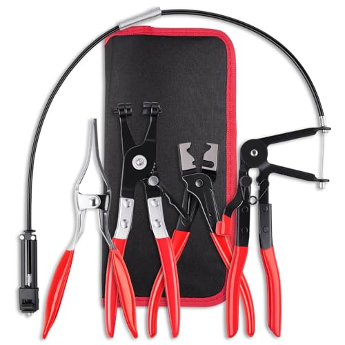 4PCS Hose Clamp Pliers Kit, Long Reach Wire Spring Plier, Hose Remover and Flat Band Pliers for Water Hose and Automotive Radiator Heater, Fuel, Coolant, Oil Removal with Bag