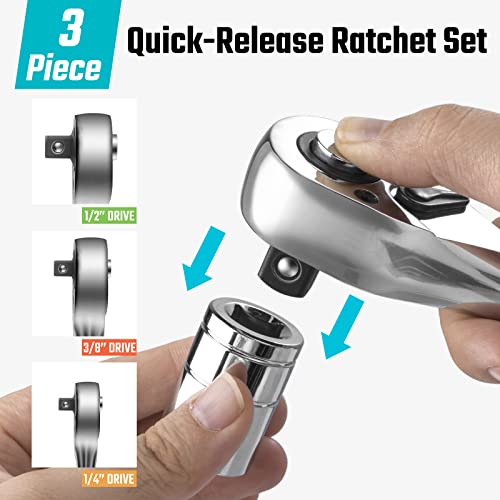 DURATECH 3-Piece Ratchet Set, 72-Tooth, 1/4" 3/8" 1/2" Drive | Quick-Release, Reversible, Chrome Alloy, Organized in Plastic Tray - style: Quick-Release