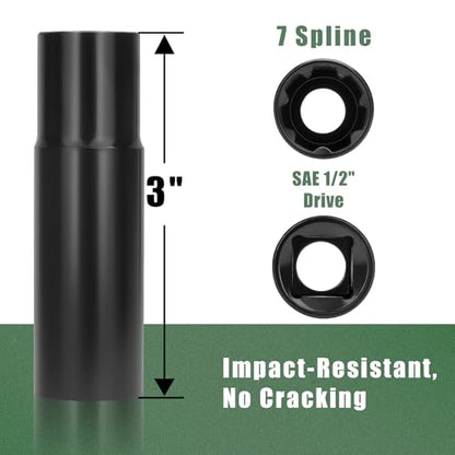 7 Spline Lug Nuts Key Socket, 1/2 Inch Drive Impact Square Tool - Quickly Remove M14x1.5, M14x2.0 and 9/16 Wheel Lug Nuts | 1 Pc (Black) - size: 7 Spline Socket