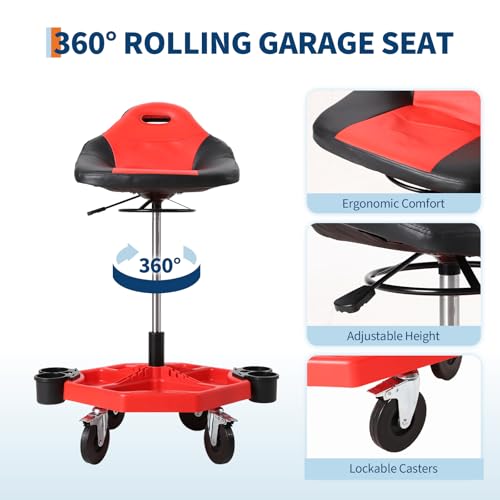 Rolling Mechanic Stool, 300 LBS Capacity, 19 in -24 in Height Adjustable Shop Stool with Soft Cushion,Tool Tray & 5 in 360° Lockable Swivel Wheels for Garage, Auto Repair, Workshop, ‌Heavy Duty, Red - size: Model 4