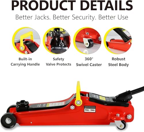 2 Ton Low Profile Floor Jack, Heavy Duty With Single Piston Quick Lift Pump, Steel Car Jack Adjustable Height 3.3"-15.2", Hydraulic Trolley 4000 LBS Capacity, Red - color: Red - 2 Ton(Single Pump), Lift 3.3"-15.2"
