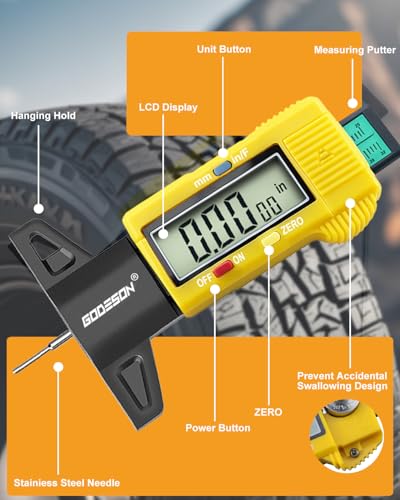 GODESON Yellow Digital Tire Tread Depth Gauge - 3 Modes (32NDS/Decimal Inch/mm), Accuray Zeroable Tread Gauge - Large LCD Display, Professional Tire Depth Measuring Tool for Cars, Motorcycles & Vans - color: Yellow