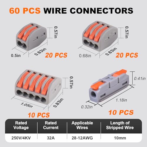 60PCS AVARBUVO Lever Wire Connectors, Quick Wire Splice Connectors Push-in, 2/3/5 Conductor Combination Kit with 1 in 1 Out Inline Terminals, 28-12 AWG - size: 60PCS