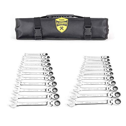 FLZOSPER 22pcs Flexible Ratcheting Combination Wrench Set with Storage Bag | 72-Teeth Flex-Head Spanner Set，Metric & SAE Chrome Vanadium Steel Constructed with Roll-up Organizer Pouch - style: Flex Head Ratchet Wrench