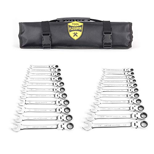 FLZOSPER 22pcs Flexible Ratcheting Combination Wrench Set with Storage Bag | 72-Teeth Flex-Head Spanner Set，Metric & SAE Chrome Vanadium Steel Constructed with Roll-up Organizer Pouch - style: Flex Head Ratchet Wrench