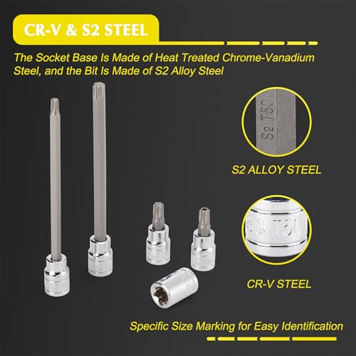 EMENTOL 48PCS 3/8"Dr. Master Torx Bit Socket Set, CR-V, S2 Steel, 5.9" Length Star Bit Socket Set, E4 -E20, T10-T60, TT10-TT60 - size: 48PCS Master Torx Bit Socket Set