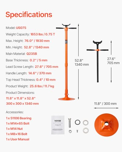 VEVOR Underhoist Support Stand 3/4 Ton Capacity Under Hoist Jack Stand | Lifting from 51.97" to 80", Bearing Mounted Spin Handle, with Two Wheels & Foot Pedal, Support Vehicle Components