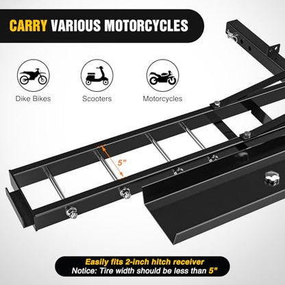 Nilight 600LBS Motorcycle Hitch Carrier with 55.11" Longer Loading Ramp | Heavy Duty Dirt Bike Hitch Hauler, Fits 2-Inch Receiver, Up to 5" Wide Tire, Includes Pin, Tie-Down Strap and Tightener - color: Motorcycle Hitch Carrier Steel 600 LBS
