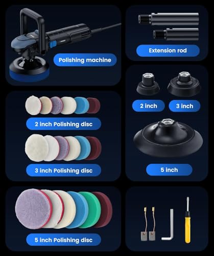 Mini Buffer Polisher, 750W Rotary Polisher 2"/3"/5" Plate for Car Detailing | Polishing Machine with 27 Accessories, 6 Speeds (800–2800 RPM), M16 Thread Extension Shaft for Car Boat Polishing/Waxing