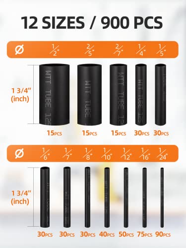 900PCS Wire Heat Shrink Tubing Kit, Industrial Heat-Shrink Tubing for Wires, 2:1 Marine Grade Heat Shrink Wrap, Premium Large Electrical Waterproof Heat Shrink Tape (Black 12 Sizes) - size: 2:1