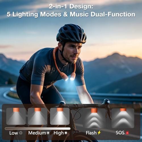 Orange Neck Light, Bluetooth Speaker, 5 Modes, USB-C Rechargeable | Hands-free 2-in-1 neck light and Bluetooth speaker with 90° adjustable beams, 5 modes, 2600mAh USB-C power, and 40+ hours. - color: Orange