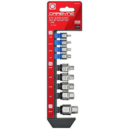 CARBYNE 9-Piece SAE Stubby Low Profile Hex (Allen) Bit Socket Set, 1/8 to 9/16 in., S2 Steel, Super Short Allen Sockets, Dual Drive Internal Square and External Hex for Tight Confined Spaces - size: SAE Hex