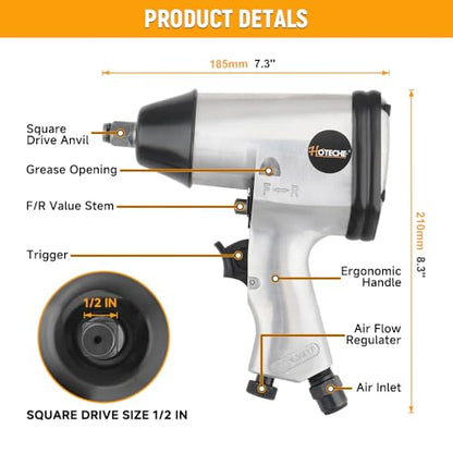 Hoteche 1/2-Inch Air Impact Wrench Kit, 243 ft-lb Max Torque Pneumatic Impact Gun, High Speed Lug Nut Remover, Rocking Dog Mechanism, Includes 3Pcs Sockets for Auto Repair & Tire Maintenance - size: 1/2-Inch 240Ft-Lbs
