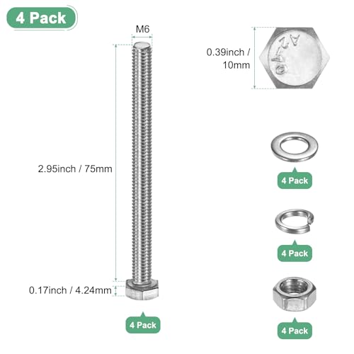 M METERXITY 4-Pack Hex Head Screw Bolt with Nuts Flat & Lock Washers M6x75mm Stainless Steel Bolts and Nuts Kit Fully Threaded Metric Bolt Assortment for Equipment/Machinery - size: M6 x 75mm