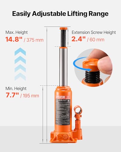 VEVOR Hydraulic Bottle Jack, 6 Ton (13227.6 lbs) Capacity, 7.7-14.8 Inch Lifting Range, Heavy Duty Welded Bottle Jack for Car, SUV, Pickup, Auto Repair, House Lift and Agricultural Equipment, Orange - size: 6T