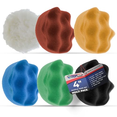 TCP Global 4 Inch Buffing Pads Set - 5 Waffle Foam Buffer Pads & 1 Wool Pad for Orbital Buffers, DA Polish Pad for Paint Correction, Polishing Kit for Auto & Boat Gelcoat Detailing