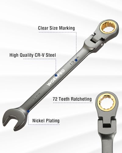WORKPRO 13 mm Flex-Head Ratcheting Combination Wrench, Cr-V Constructed, Nickel Plating, 72-Teeth, 12 Point Design, Metric - size: 13 mm, style: Nickel Plating