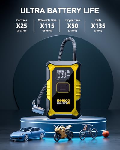 GOOLOO A3 12V 3000A Portable Jump Starter with Air Compressor | 7-in-1: 3000A Lithium Jumper Box - 150 PSI Tire Inflator - USB-A Output - LED Flashlight - Ball / Bike Pump - Pressure Gauge - color: Yellow