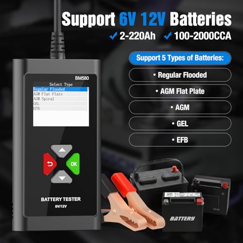 JDIAG Battery Load Tester 6V 12V Car Battery Tester 100-2000CCA Automotive Battery Tester Alternator Analyzer for Standard Test/Cranking/Charging/Loading Test BM580