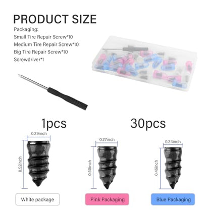 30PCS Tire Screw Plug Repair Kit,Self-Service Tire Repair Kit Includes 3 Sizes of Screw in Tires Plugs & Screwdriver for Quick Repairs,Professional Tires Repairs Rubber Nail (30PCS) - color: 30PCS