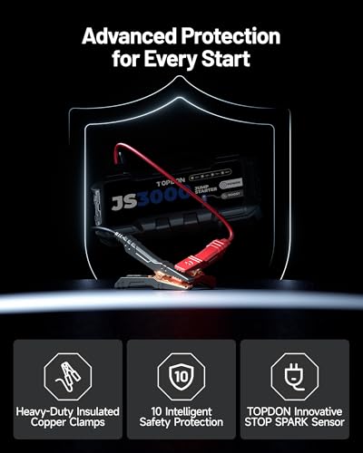 TOPDON Car Battery Jump Starter, 3000A Peak Portable Jump Starter Battery Pack for 12V Vehicles, Up to 8L Gas/6L Diesel Engines, Battery Booster with Jumper Cables, LED Flashlight and EVA Case