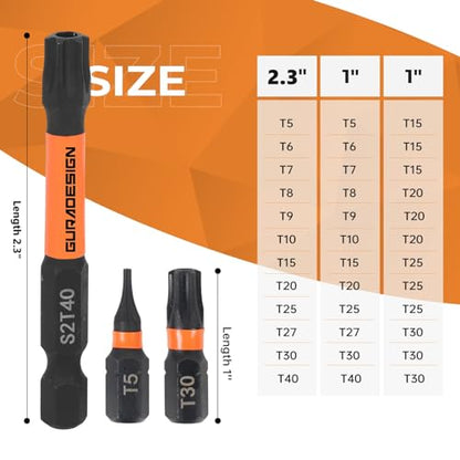 GURADESIGN 36-Piece Torx Bit Set, Tamper Resistant Star Bits Set,Security Torx Bit Set, T5 - T40, S2 Steel, 1"" and 2.38"" Long, Black, LY024