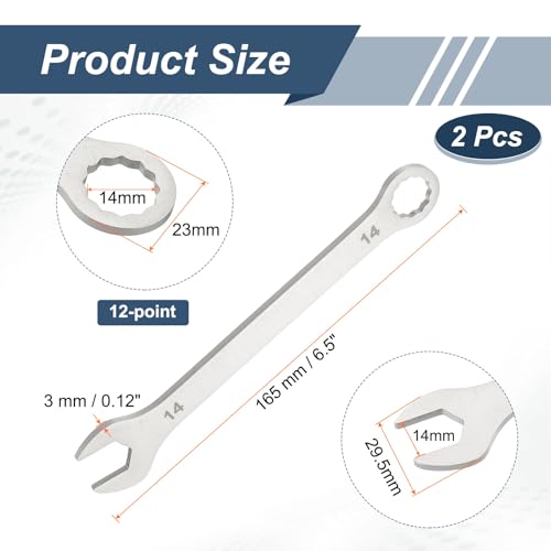 HARFINGTON 2Pcs Super Thin Combination Wrench 14mm Metric 12-Point Box and Open End Stainless Steel Double Ended Spanner Tool for Automotive Pipe Furniture Machinery DIY Repair, Silver - size: 14mm
