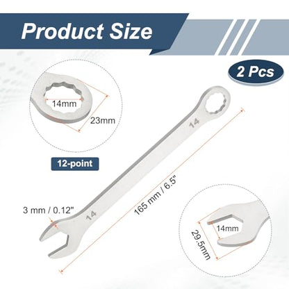 HARFINGTON 2Pcs Super Thin Combination Wrench 14mm Metric 12-Point Box and Open End Stainless Steel Double Ended Spanner Tool for Automotive Pipe Furniture Machinery DIY Repair, Silver - size: 14mm
