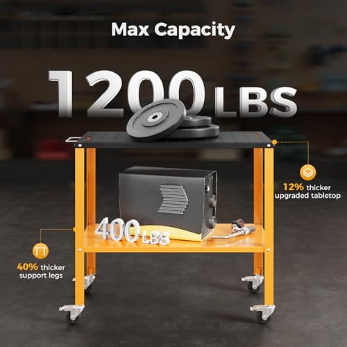 CAMMOO 1200LBS Welding Table, 36"x18" Welding Workbench, Black Oxide Finish Tabletop with 4 Lockable Braking Casters, Storage Tray, 4 Tool Slots and 5/8'' Fixture Holes for Garage & Workshop