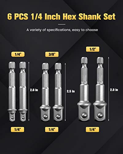 BOEN Impact Grade Socket Adapter Set, 6-PCS Drill Bit Adapter with Bit Holder, Sizes 1/4", 3/8", 1/2", 1/4-Inch SAE Hex Shank, Cr-V, for Cordless Drill & Screwdriver, Power Drill & Driver - size: 6PCS SAE