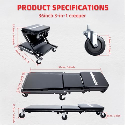 Mechanic Creeper 36 inches 3-in-1 Mode Z Seat 340lbs Capacity, Foldable Garage Adjustable Rolling Folding with 6pcs Wheels Roller, Lay Down Sit Lean Back, Under Car Auto Repair, Black, Man Gift - color: Black
