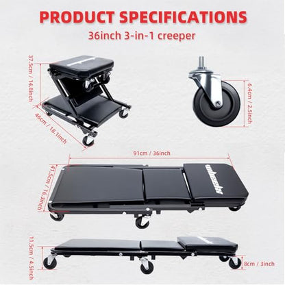 Mechanic Creeper 36 inches 3-in-1 Mode Z Seat 340lbs Capacity, Foldable Garage Adjustable Rolling Folding with 6pcs Wheels Roller, Lay Down Sit Lean Back, Under Car Auto Repair, Black, Man Gift - color: Black