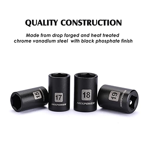 MIXPOWER 14 Pieces 1/2-Inch Drive Shallow Impact Socket Set, 11-32mm, CR-V, Metric, 6 Point, Shallow, 14 Pieces 1/2" Dr. Shallow Socket - size: 11.0 mm - 32.0 mm (Shallow, 14PCS)