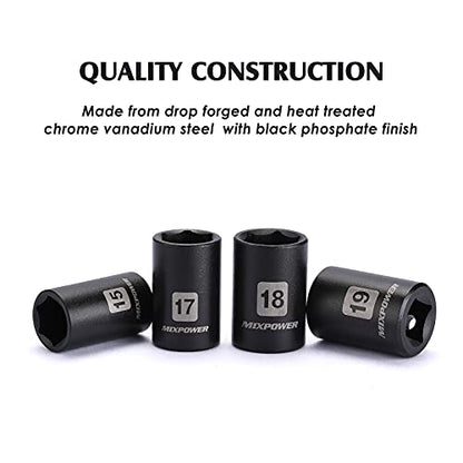 MIXPOWER 14 Pieces 1/2-Inch Drive Shallow Impact Socket Set, 11-32mm, CR-V, Metric, 6 Point, Shallow, 14 Pieces 1/2" Dr. Shallow Socket - size: 11.0 mm - 32.0 mm (Shallow, 14PCS)